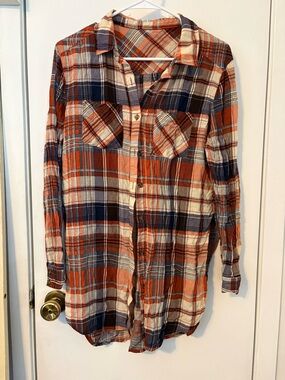 Rust and Navy Plaid Button-Up Shirt